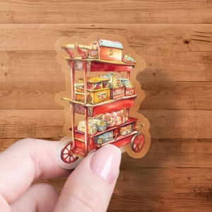Vintage Market Cart Sticker, Watercolor Style Sticker, Retro Shopping Cart Sticker, Colorful Grocery Decoration, Cute Sticker