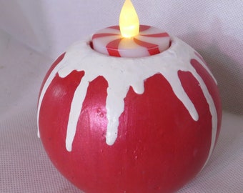 Handmade Winter Charm Candle Holder - Cement Sphere with Snow Accents, Includes Peppermint Tealight