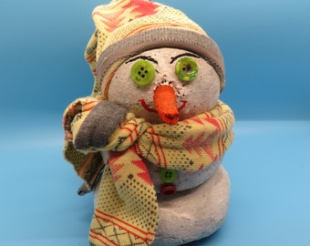 Handcrafted Hypertufa Snowman Yeti with Painted Face and Cozy Accessories - Unique Winter Decor