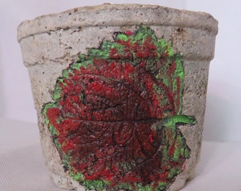 Rustic Handcrafted Hypertufa Planter with Coleus Leaf Impressions, Rich Red-Green, 4.5 Unique Garden Decor