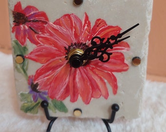 Tile clock with Pink and Orange Black-Eyed Susan, hand painted tile, 4x4 inches, with stand