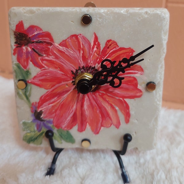 Hand-Painted Floral Tile Clock – Pink & Orange Black-Eyed Susan Design, 4x4 Eco-Friendly Decor