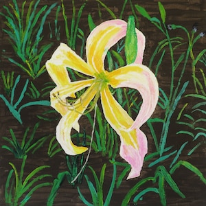 Original Yellow Pink Daylily Painting on Wood, Floral Wall Art, Botanical Hand-Painted Decor, 8x8