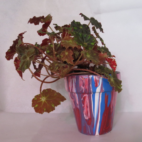 Handcrafted Acrylic Pour Planter - Patriotic Red, White, & Blue Terra Cotta Pot with Saucer, 4x4 Indoor Home Decor