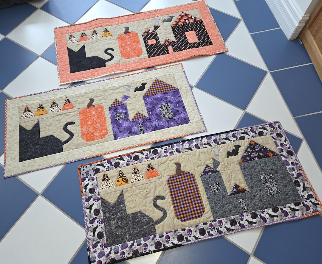 Handmade Halloween Quilted Table Runner: Black Cat, Haunted House ...