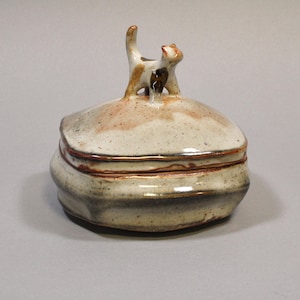 Puede incluir: Caja de cerámica con tapa y figura de gato. La caja es blanquecina con detalles marrones y grises. El gato es marrón y blanco. Forma redonda con tapa ajustada.