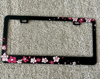 Bling cherry blossom license plate frame pink and black license plate frame with flowers bling cherry blossom cute license plate frame