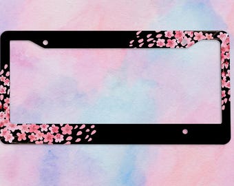 Cherry Blossom License Plate Frame – Black Car Accessory with Pink Sakura Flowers, Spring Floral Car Decor