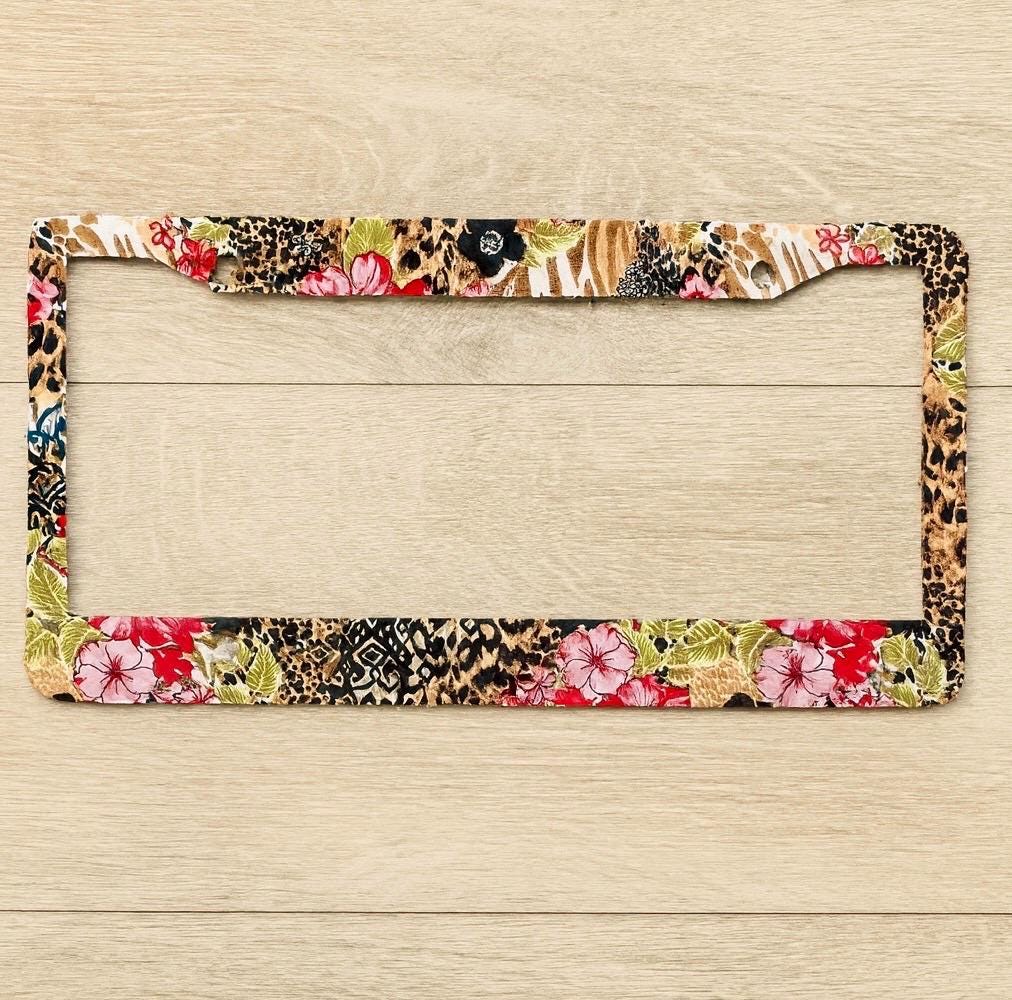 Tropical Floral Leopard License Plate Frame – Hibiscus Jungle Car Accessory, Exotic Animal Print Tag Holder, Fun Gift for Her