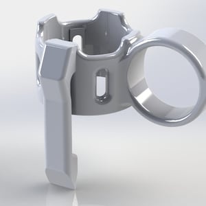 May include: A white plastic phone holder with a ring on the side and a lever on the front. The holder is designed to be attached to a bike handlebar.