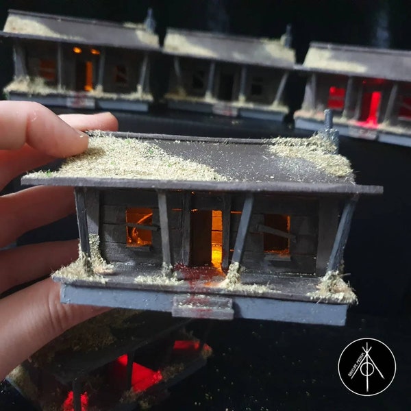 Miniature Horror cabin with orange red LED light. Handmade wooden diorama display. Horror movies deadite halloween Evil dead inspired creepy