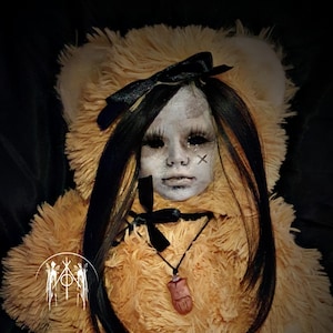 Black hair. Horror teddy doll. Halloween alternative gothic decor upcycled bear creepy cute ethereal eyelashes alternative aesthetic