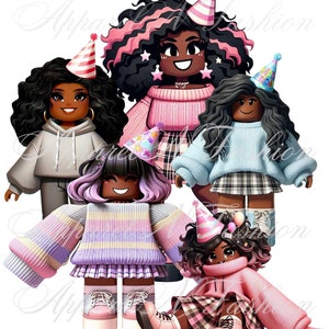 Pacchetto PNG di ragazze di compleanno RBlox, PNG di compleanno RBlox, Download di compleanno RBlox afroamericano, Personaggi Rblox di ragazze marroni, Download digitale