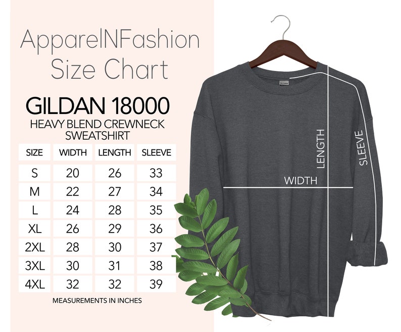 May include: Size chart for Gildan 18000 heavy blend crewneck sweatshirt. The chart shows measurements in inches for width, length, and sleeve length for sizes S through 4XL.