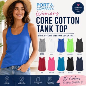May include: A woman wearing a blue tank top. The image showcases a variety of tank tops in ten colors, including gray, white, royal blue, neon green, and black. The text reads "CORE COTTON TANK TOP" and "10 Colors Endless Outfits!"