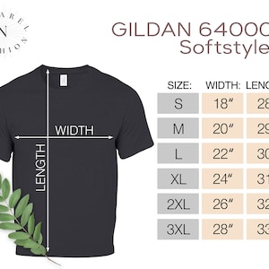 May include: Dark gray Gildan 64000 Softstyle t-shirt with size chart. The chart shows measurements for sizes S to 3XL, with widths ranging from 18 inches to 28 inches and lengths from 28 inches to 33 inches. Apparel Fashion logo.