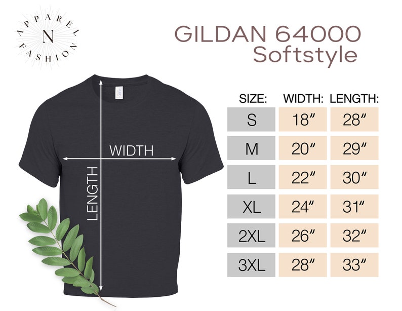 May include: Dark gray Gildan 64000 Softstyle t-shirt with size chart. The chart shows measurements for sizes S to 3XL, with widths ranging from 18 inches to 28 inches and lengths from 28 inches to 33 inches. Apparel Fashion logo.