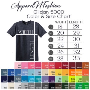 May include: A navy blue Gildan 5000 t-shirt with a color and size chart. The chart displays width and length measurements in inches, ranging from 18" to 28" wide and 28" to 33" long. A color palette with various shades is also shown.