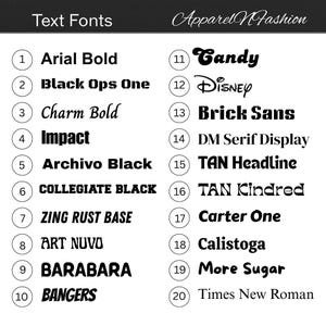 May include: A graphic showcasing a variety of text fonts, numbered 1-20, including Arial Bold, Black Ops One, and Times New Roman. The fonts are displayed in black against a white background, with the title "Text Fonts" at the top.