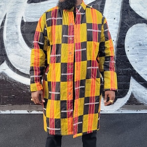 African Checkered Print Design 3/4 Length Coat - Beet Red, Burnt Orange, Black, Blackish Yellow, Yellow, and White Color Scheme