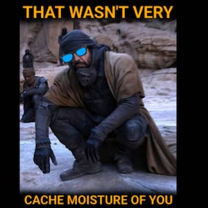 以下が含まれることがあります： 茶色のローブを着てサングラスをかけた男性が砂漠の風景の中でしゃがんでいる。画像の上と下に「THAT WASN'T VERY CACHE MOISTURE OF YOU」というテキストが表示されている。