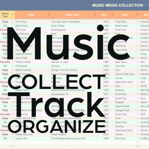 Puede incluir: Una hoja de cálculo digital titulada Music Media Collection que muestra una lista de álbumes musicales con columnas para tipo de medio, artista, título del álbum, año y género. Las filas presentan a varios artistas y sus álbumes.