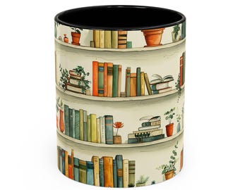 Bookshelf Coffee Mug, Book Lover Mug, Library Books Mug, Reader Gift Mug, Bookworm Coffee Cup, Literary Mug for Readers