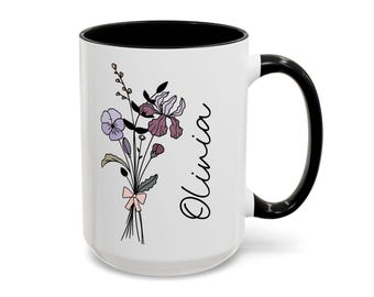 Personalized Birth Flower Mug, Custom Name Flower Mug, Birthday Month Flower Coffee Mug, Floral Name Mug Gift for Her