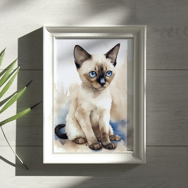 Siamese Kitten Watercolor Digital Art Print - Instant Download
