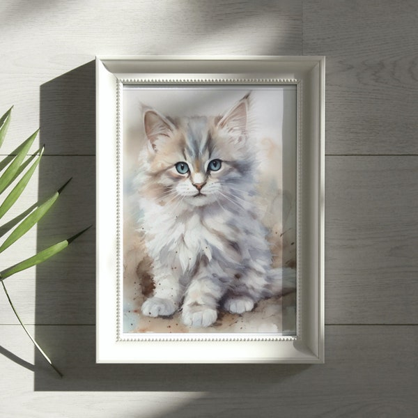 Watercolor Ragamuffin Kitten Digital Download - High-Quality PNG, JPG, and PDF - Instant Art Print for Cat Lovers