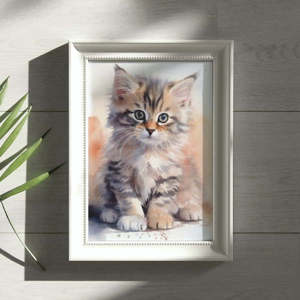 Watercolor Ragamuffin Kitten Digital Download - High-Quality PNG, JPG, and PDF - Instant Art Print for Cat Lovers