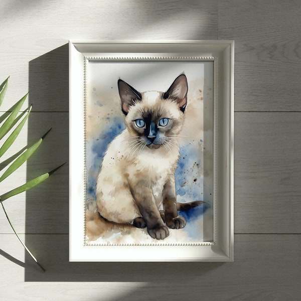 Siamese Kitten Watercolor Digital Download: Adorable feline art perfect for cat lovers!