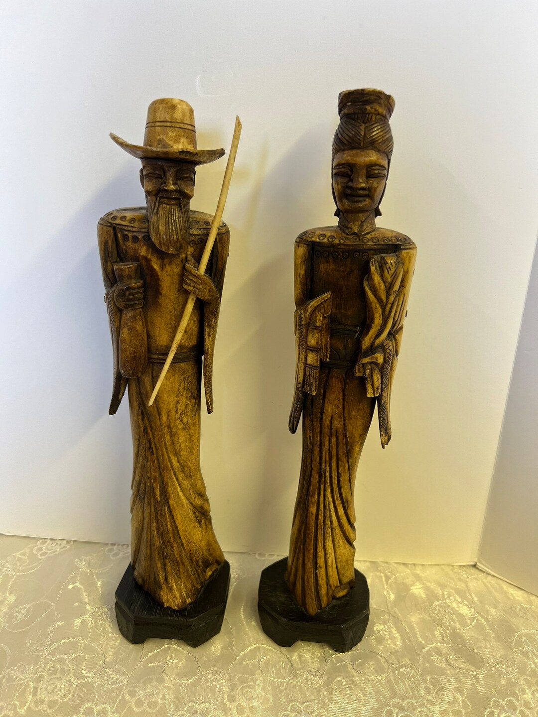 Hand Carved Pair of Asian Man & Woman Statues Figurines 11.5” Tall - Etsy