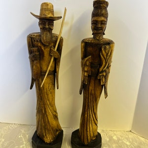Hand Carved Pair of Asian Man & Woman Statues  Figurines 11.5” tall