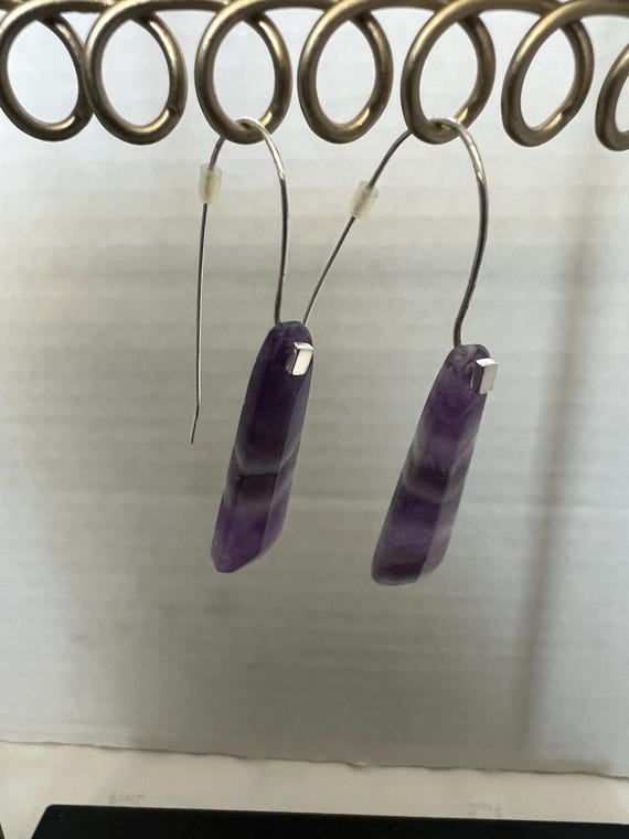 Silver Threader Amethyst Drop Dangle Earrings Han… - image 1