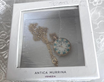 Antica Murrina Venezianna Millefiori Watch Necklace with Original Box- Authentic Murano Glass Pendant-Made in Italy-Gold Tone Figaro Chain