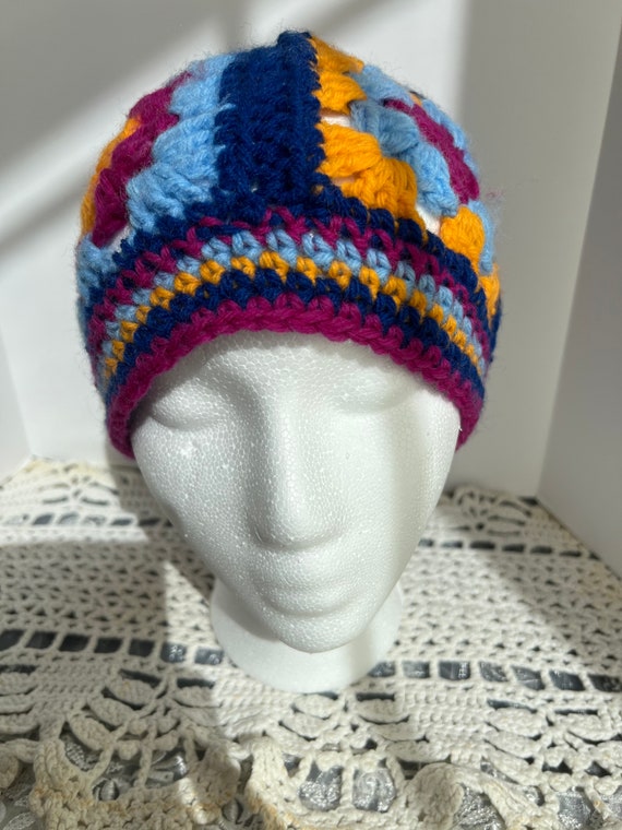 Crocheted Granny Square Hat Boho Beanie Colorful C
