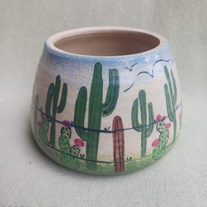 Art Pottery Cactus Succulent Stoneware Planter Signed 3"x3" Desert Scene