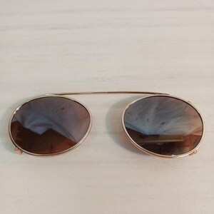 VTG Clip On Sunglasses Gold Colored plastic Rim 4.5 Inches Amber Lens As Is