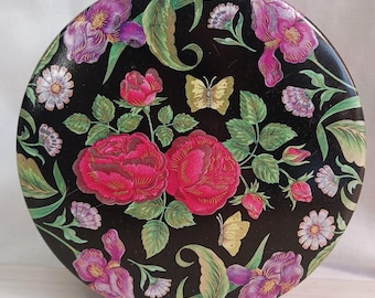 Galletas y baratijas VTG Floral Rose Butterfly Iris Round Black Lata