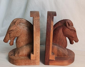 MCM Naive HORSE Hand Carved Solid Wooden Bookends Equestrian Derby Library Folk