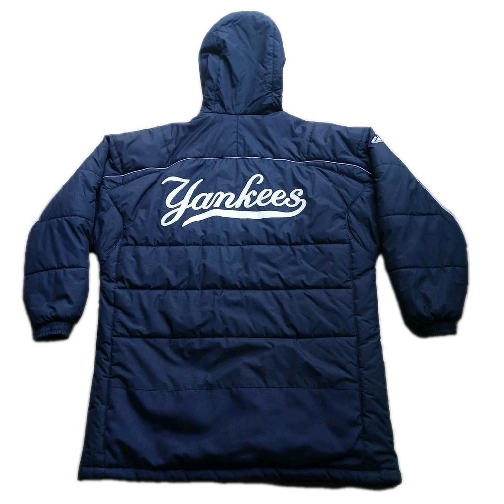 Vtg Majestic NEW YORK Yankees Navy Blue Mens L Hooded Long Puffer