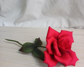 Vintage Capodimonte Look Style Long Stem Red Porcelain Rose Metal Hybrid