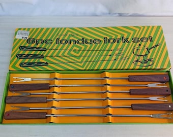 New Vintage 1970's w Box Stainless Steel w Wood Handles 6 Piece Fondue Fork Set