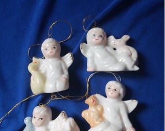 Adorno navideño de porcelana VTG con forma de ángel, paloma, ardilla y pato, juego de 4