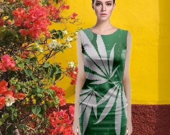 Summer dress Marijuana style, high fashion, cap sleeve, midi dress, makes a statement and turns heads.