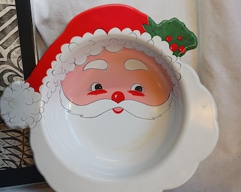 Vintage Ullman Plastic Santa Clause Face Bowl 15" Chip Dip Candy Dish Retro