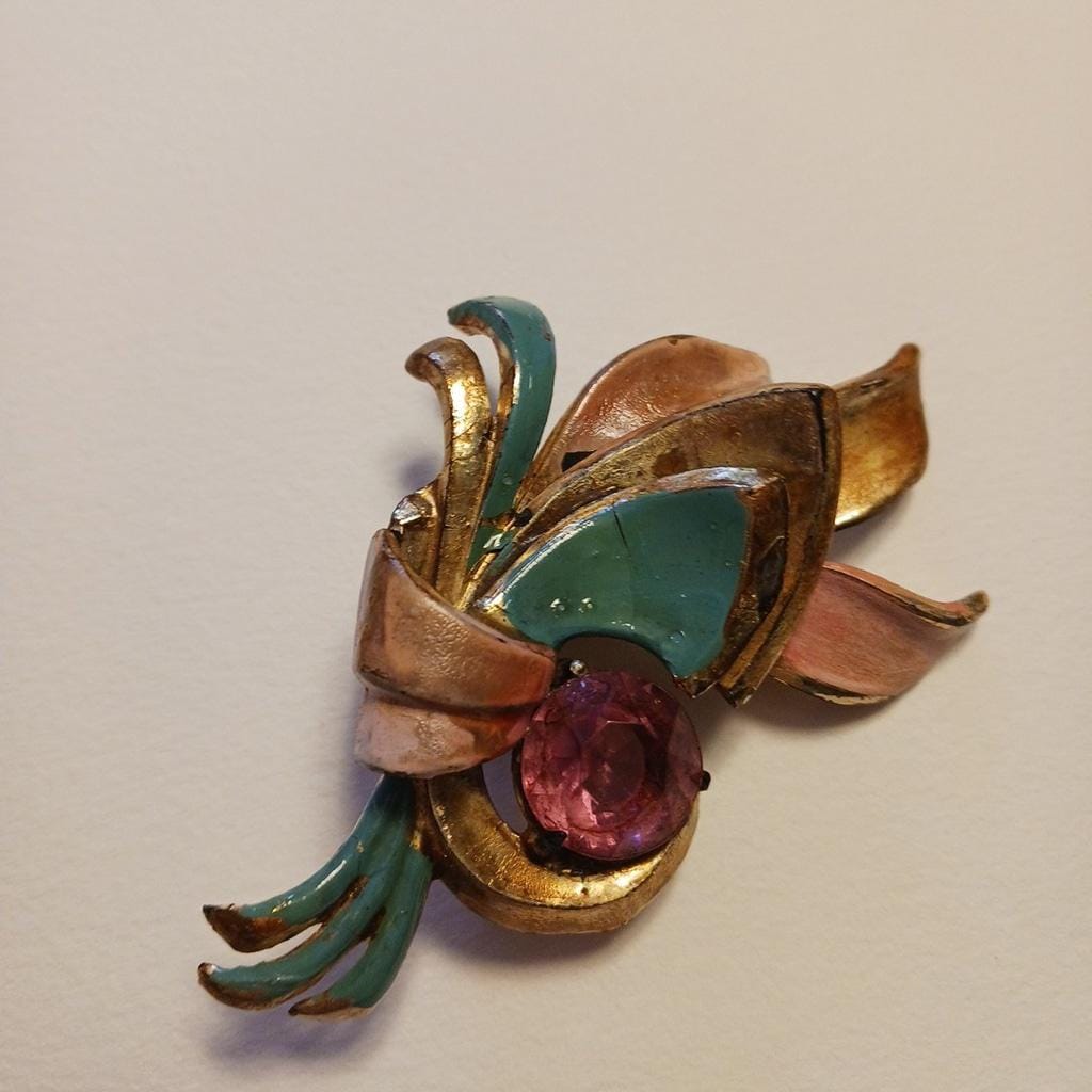 Vintage Plasticine Broach Gold Colored Plastic Pink Gem Turquoise