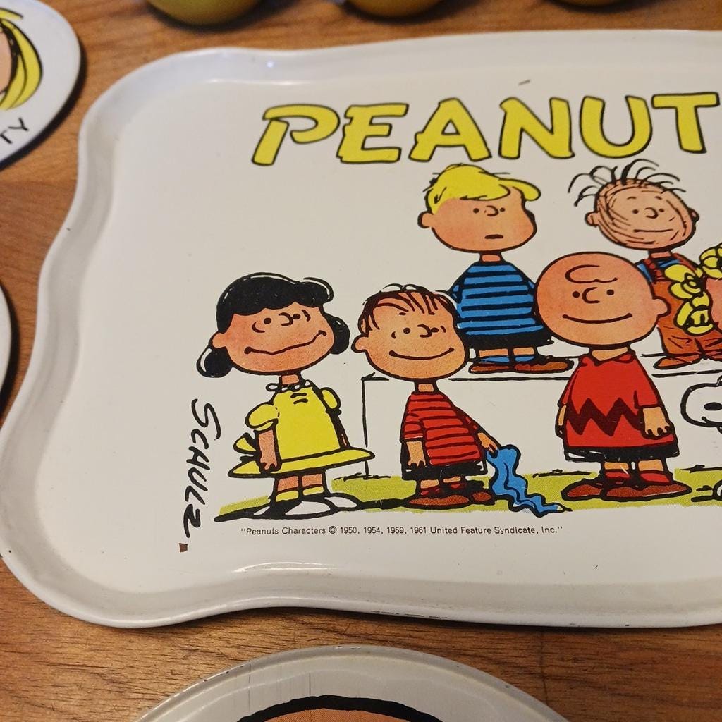 VTG Peanuts Snoopy Tea Set Metal Enamelware 1950-1961 Tray, Plates