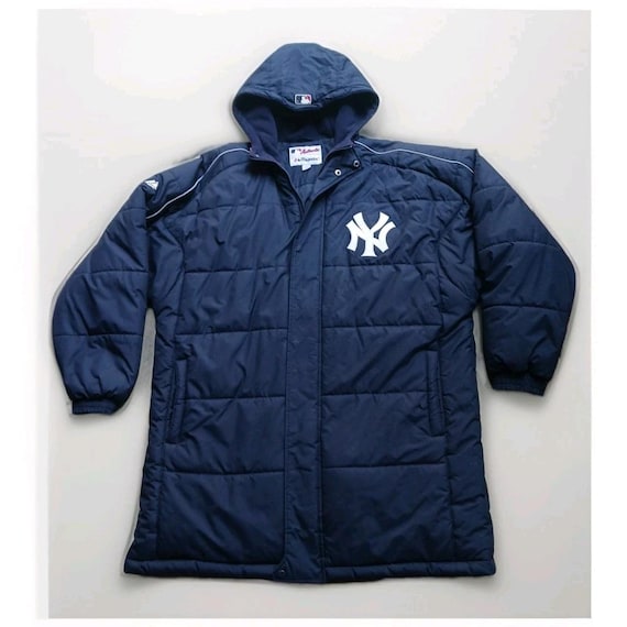 Vtg Majestic NEW YORK Yankees Navy Blue Mens L Hooded Long Puffer